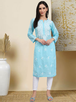 PARAMOUNT CHIKAN - Women Hand Embroidered Lucknowi Chikankari Blue Cotton Kurta