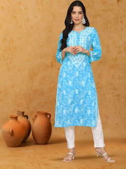 PARAMOUNT CHIKAN - Women Hand Embroidered Lucknowi Chikankari Mulmul Printed Cotton Blue Kurta