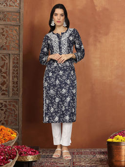 PARAMOUNT CHIKAN - Women Hand Lucknowi Chikankari Cotton Navy Blue Kurta