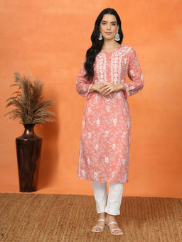 PARAMOUNT CHIKAN - Women Hand Embroidered Lucknowi Chikankari Mulmul Printed Cotton Peach Kurta