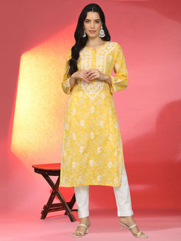 PARAMOUNT CHIKAN - Women Hand Embroidered Lucknowi Chikankari Mulmul Printed Cotton Yellow Kurta