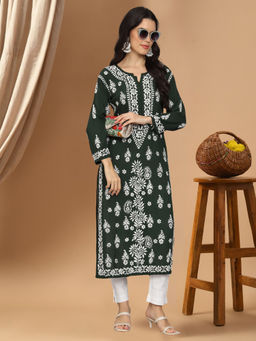 PARAMOUNT CHIKAN - Women Hand Embroidered Lucknowi Chikankari Dark Green Modal Kurta