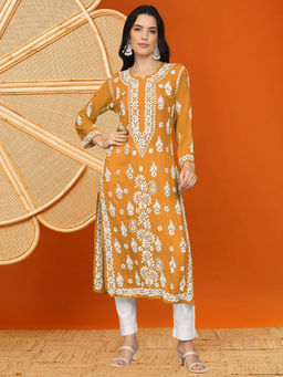 PARAMOUNT CHIKAN - Women Hand Embroidered Lucknowi Chikankari Mustard Modal Kurta