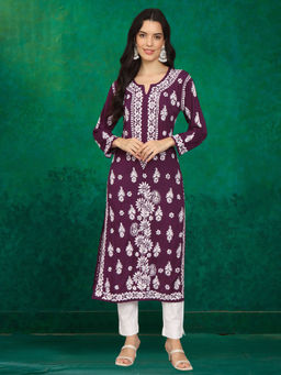 PARAMOUNT CHIKAN - Women Hand Embroidered Lucknowi Chikankari Purple Modal Kurta