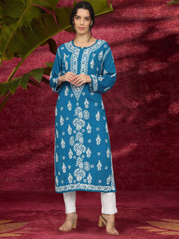 PARAMOUNT CHIKAN - Women Hand Embroidered Lucknowi Chikankari Teal Modal Kurta
