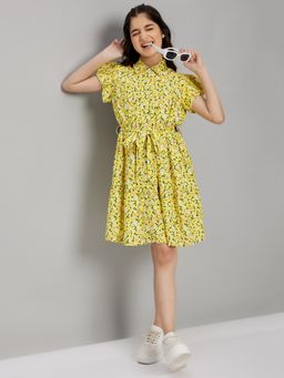 Stylo Bug - Girls Floral Print Collar Neck Cap Sleeve Casual Wear Dress Yellow