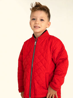CHERRY CRUMBLE BY NITT HYMAN - Red Stand Collar Quirky Quilted Bomber Jacket