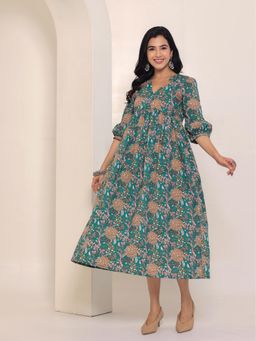 GULAB CHAND TRENDS - Hand Printed Square Neck Dress with Flared Hem and Front Bottom Slit
