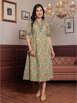 GULAB CHAND TRENDS - Hand Block Printed A-Line Midi Dress