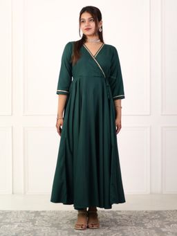 The Svaya - Bottle Green Cotton Slub Angarkha Style Dress