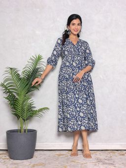 GULAB CHAND TRENDS - Hand Printed Square Neck Dress with Flared Hem and Front Bottom Slit