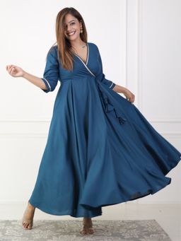 The Svaya - Peacock Blue Cotton Slub Angarkha Style Dress