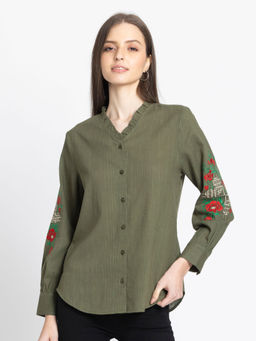 SHAYE - Women Olive Floral Shirt