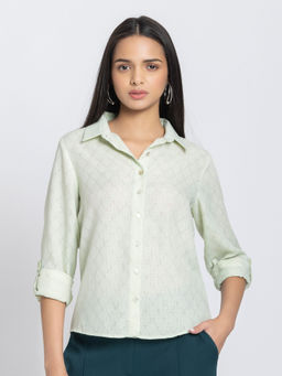 SHAYE - Women Green Self Design Shirt
