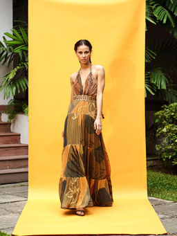 Nikita Mhaisalkar - Tropical Mustard Print Maxi With African Baroque Hand Embroidery