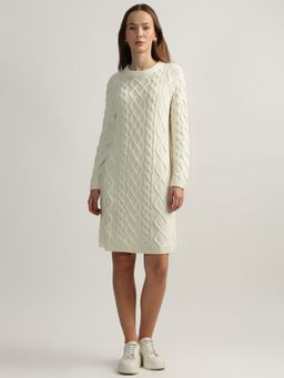 GANT - Cream Solid Round Neck Full Sleeves Jumper Dress
