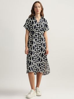 GANT - Black Printed Spread Collar Short Sleeves A-Line Dress with Belt (Set of 2)