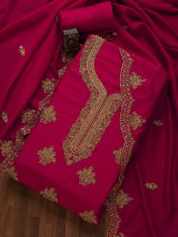Koskii - Rani Pink Stonework Raw Silk Unstitched Salwar Suit (Set of Three)