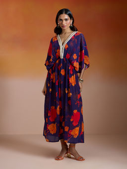 Gajra Gang - Navy Blue Modal Muslin Floral Printed Kaftan Dress with Slip Bandhan Babes