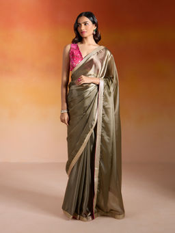 Gajra Gang - B-Desi Divas Olive Metallic Organza Sequin Embellished Saree without Blouse