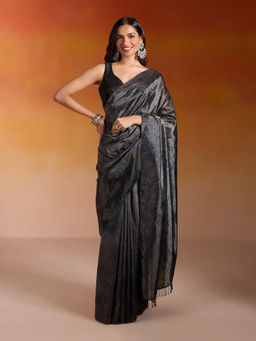 Gajra Gang - B-Desi Divas Grey Marble Print Bead Fringe Embellished Saree without Blouse