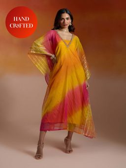 Gajra Gang - Yellow Organza Embellished Kaftan Dress with Slip Shaadi Squad