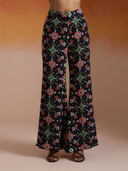 Gajra Gang - Black Modal Muslin Patola Printed Bell Bottom Pant Taash Panache