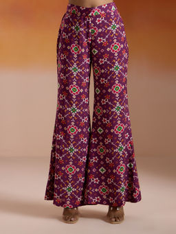 Gajra Gang - Purple Modal Muslin Patola Printed Bell Bottom Pant Taash Panache