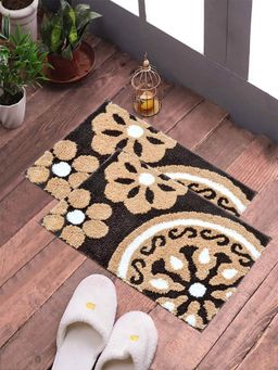 FABINALIV - Pack of 2 Brown Floral Cotton Blend Anti Skid Door Mats