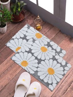 FABINALIV - Pack of 2 Grey Floral Cotton Blend Anti Skid Door Mats