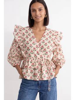 VALERE - Off White Cotton Ruffle Shoulder Peplum Top