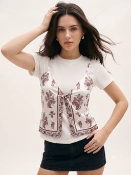 Outzidr - White Twofer Styled Silhouette With Printed Satin Bandeau T-Shirt