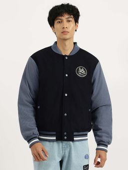 United Colors of Benetton - Navy Blue Regular Fit Stand Collar Colour-Blocked Varsity Jacket