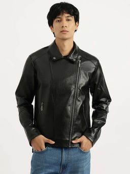 United Colors of Benetton - Black Regular Fit Collared Solid Biker Jacket
