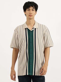 United Colors of Benetton - Beige Regular Fit Cuban Collar Striped Shirt