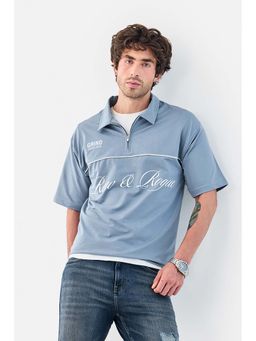 Snitch - Blue Printed Half Sleeves Oversized Casual Polo T-Shirt