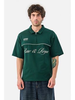 Snitch - Dark Green Printed Half Sleeves Oversized Casual Polo T-Shirt