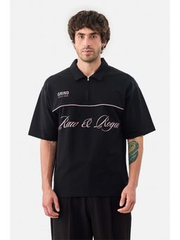 Snitch - Black Printed Half Sleeves Oversized Casual Polo T-Shirt