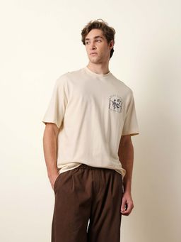 The Bear House - Men'S Cream Half Sleeve Oversize T-Shirt