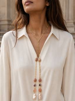 Curio Cottage - Peach Endless Pearl Drop Lariat Necklace