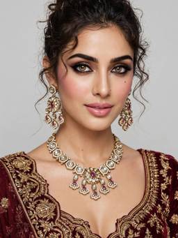 Zaveri Pearls - Antique Gold Tone Pink Stones Jewellery Set