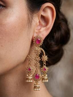 Zaveri Pearls - Pink Stones Beads Diamonds Embellish Drop Earrings