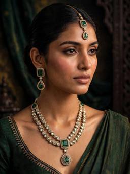 Zaveri Pearls - Green Stones Diamonds Jewellery Set