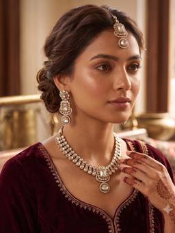 Zaveri Pearls - Antique Gold Tone White Stones Jewellery Set
