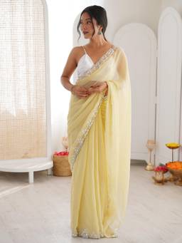 Nyri - Womens Chiffon Lemon Yellow Embellished Designer Saree with Blouse Piece
