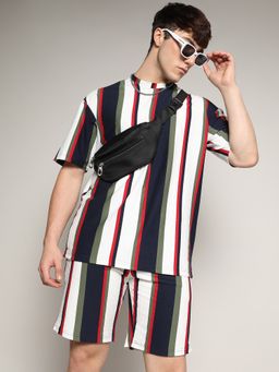 Campus Sutra - Men Multi-Color Oversized Unbalanced Striped Co-Ord (Set of 2)