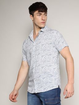 Campus Sutra - Men White Prussian Blue Spiral Block Shirt