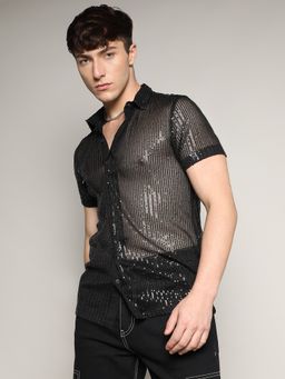Campus Sutra - Men Onyx Black Sheer Sequin Shirt