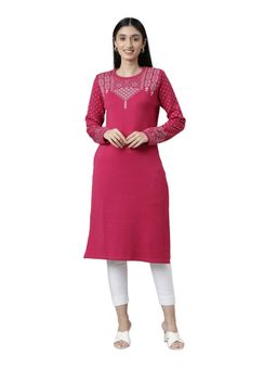 NEERU'S - Pink Regular Woven Knee Length Winter Wear Kurta