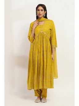 Rangriti - Women Yellow Rayon Slub Gathered Printed Kurta Pant and Dupatta (Set of 3)